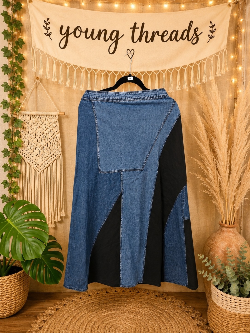 Young Threads Blue Denim & Black Panel A-Line Maxi Skirt